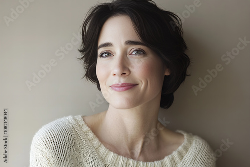 Elegant Close-Up Portrait of a Beautiful Woman in a Cozy Knit Sweater, Capturing Timeless Style and Effortless Confidence in a Warm, Minimalist Indoor Setting photo