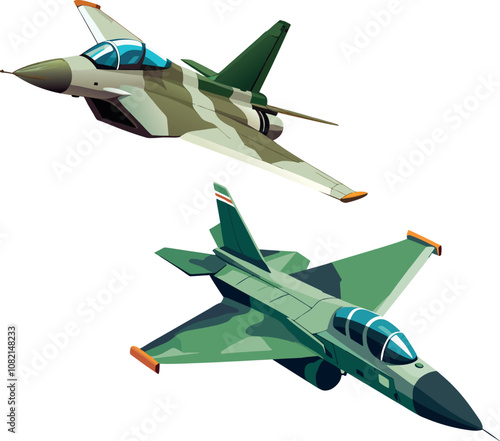 Two fighter jets flying in formation, military aircraft on white background