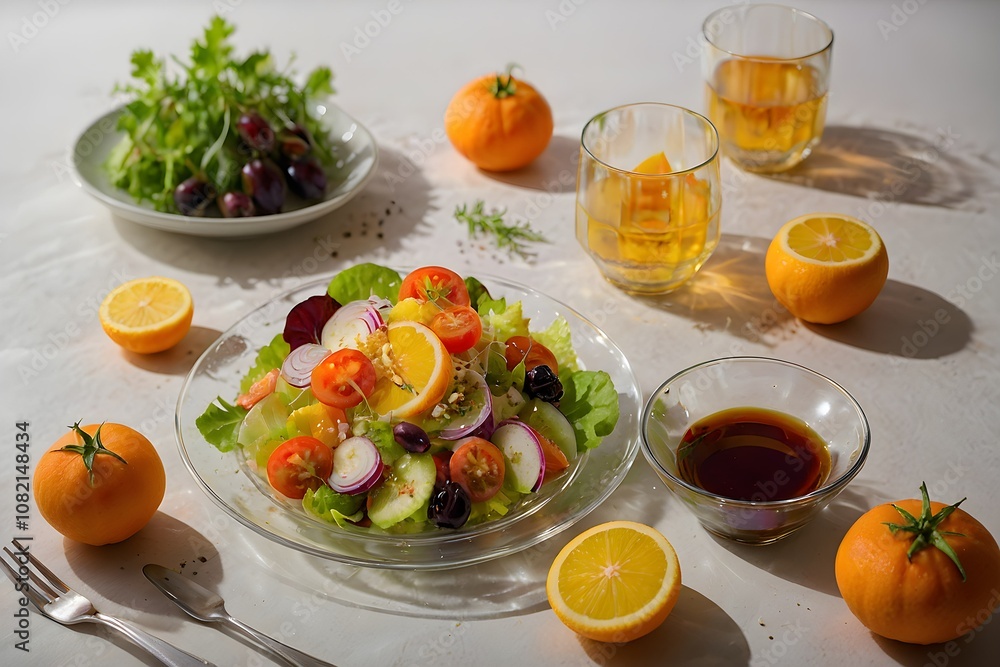 A modern twist on a classic salad, with each ingredient presented separately on the plate. Perfect for themes of culinary innovation, fine dining, and healthy eating. A modern twist on a classic salad, with each ingredient presented separately on the plate. Perfect for themes of culinary innovation, fine dining, and healthy eating.