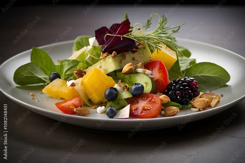A modern twist on a classic salad, with each ingredient presented separately on the plate. Perfect for themes of culinary innovation, fine dining, and healthy eating. A modern twist on a classic salad, with each ingredient presented separately on the plate. Perfect for themes of culinary innovation, fine dining, and healthy eating.