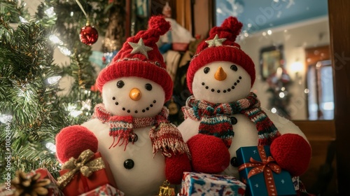 Holiday Snowmen Wearing Red Hats and Scarves photo