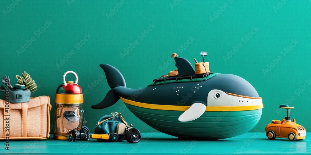 Miniature Submarine Shaped Like a Whale Surrounded by Cute Toy Cars and Playful Accessories Against a Vibrant Teal Background Miniature Submarine Shaped Like a Whale Surrounded by Cute Toy Cars and Playful Accessories Against a Vibrant Teal Background
