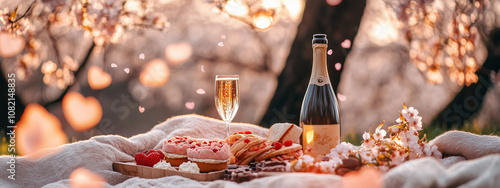 Elegant Picnic Setup With Champagne And Cherry Blossom-Themed Treats photo