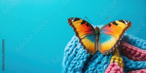 Vibrant Butterfly Perched on Colorful Knitted Scarf Against a Bright Background, Showcasing Nature's Beauty and Artistic Craft, Perfect for Home Decor and Fashion Inspiration