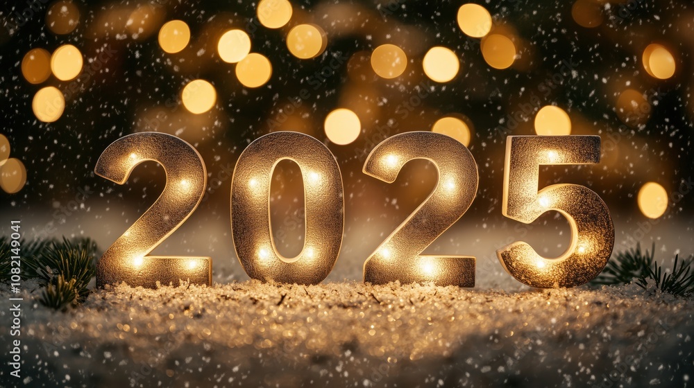 Golden 2025 illuminated numbers in festive bokeh background with snow Golden 2025 illuminated numbers in festive bokeh background with snow