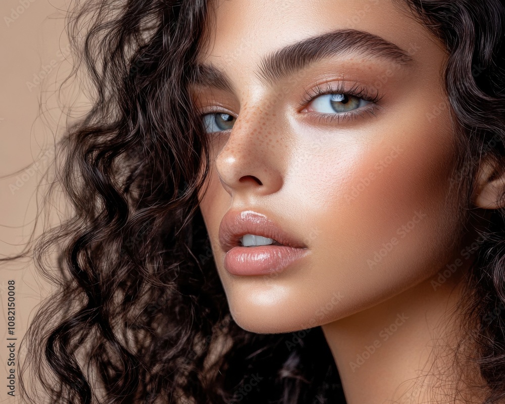 Fashion close-up of a tanned young woman with dark curly hair, showcasing natural beauty Fashion close-up of a tanned young woman with dark curly hair, showcasing natural beauty