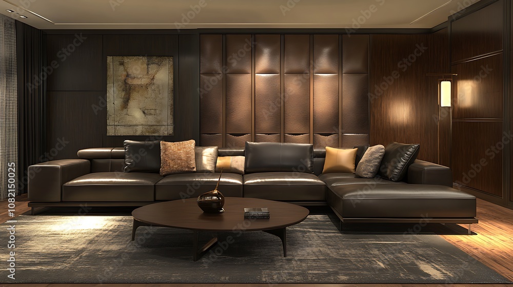 Fototapeta premium Modern living room with a brown leather sectional sofa, a round coffee table, and a rug.