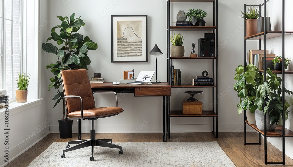 Elegant and Modern Office Space with Stylish Furniture, Green Plants, Minimalist Design and Cozy Atmosphere for Productive Work Environment Elegant and Modern Office Space with Stylish Furniture, Green Plants, Minimalist Design and Cozy Atmosphere for Productive Work Environment