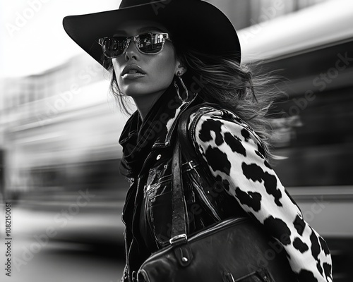 Stylish woman in cow print outfit inspired by Wild West aesthetics with trendy accessories