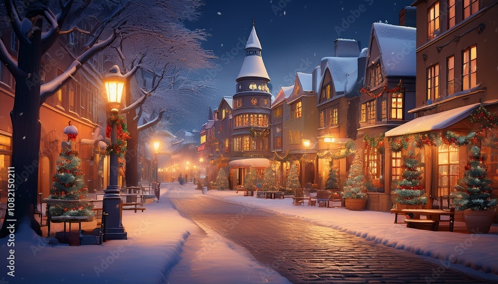 Fototapeta premium 따뜻한 조명이 비치는 겨울 도시의 거리