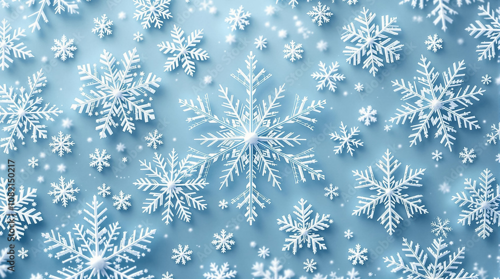 Snowflakes scatter across a light blue background, embodying the essence of a tranquil winter ambiance Snowflakes scatter across a light blue background, embodying the essence of a tranquil winter ambiance