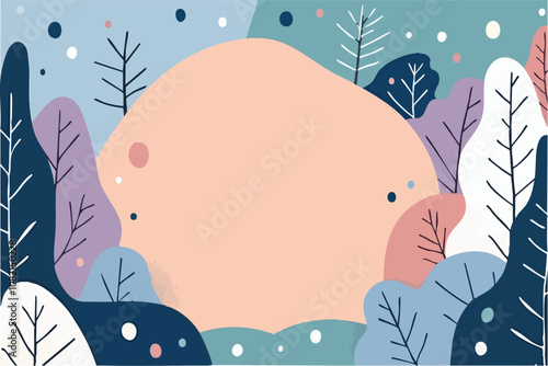 A modern, playful illustration with peach colored central space surrounded by abstract shapes and stylized trees. The background has harmonious blue, purple, and teal hues.