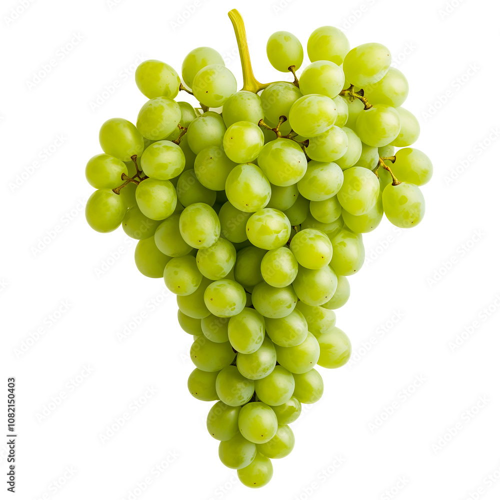A cluster of fresh green grapes dangles, showcasing round, juicy fruits glistening in the light A cluster of fresh green grapes dangles, showcasing round, juicy fruits glistening in the light