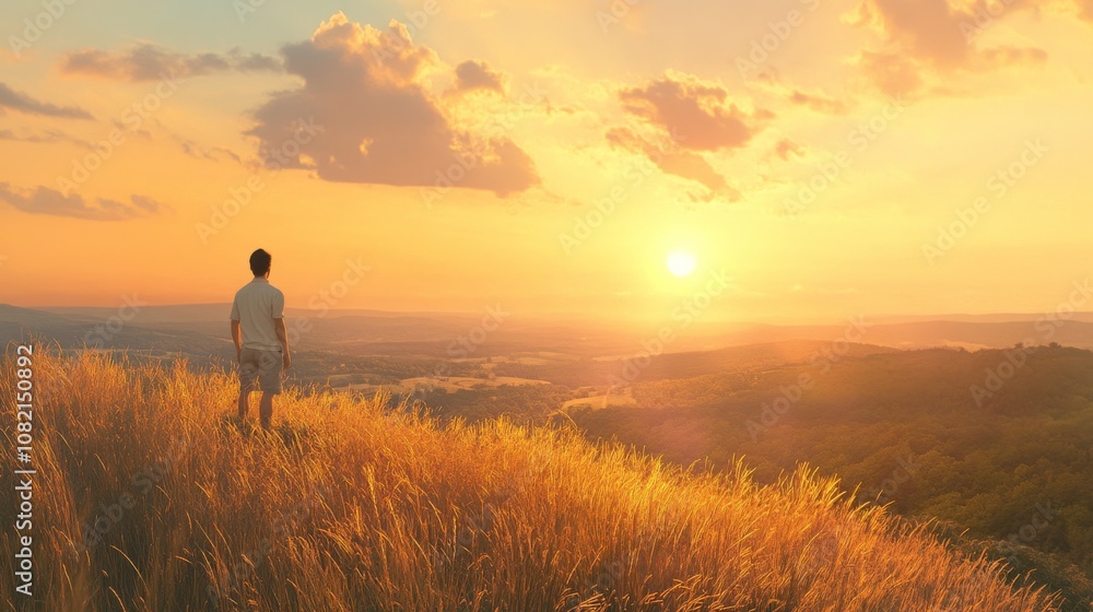 Obraz premium Solitary Man Observing a Vibrant Sunset from a Grassy Hilltop