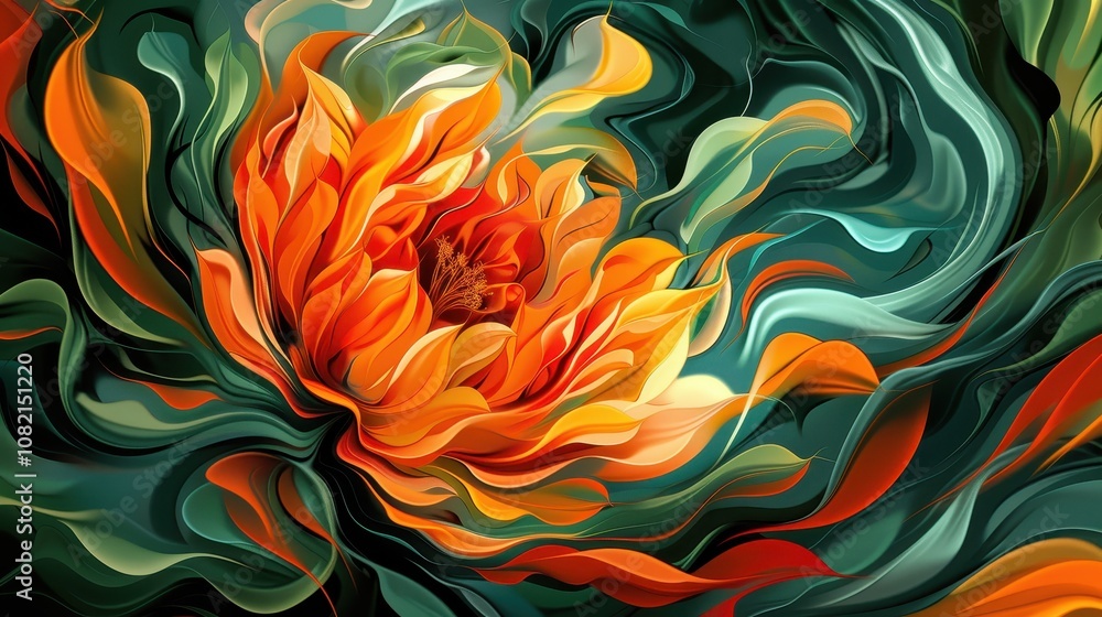Captivating Swirling Minimalist Digital Painting of a Vibrant Flower with Fluid Petals in Bold Orange and Green Tones Captivating Swirling Minimalist Digital Painting of a Vibrant Flower with Fluid Petals in Bold Orange and Green Tones