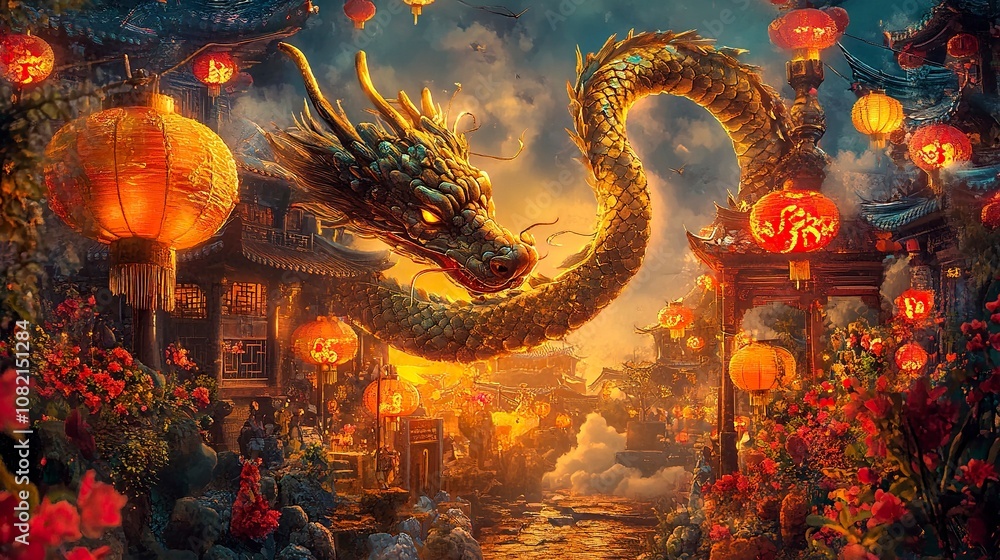 Fototapeta premium Design a picture with Chinese elements, including the year 2025, the Year of the Snake, lanterns, and other representative elements of the Chinese Spring Festival.generative ai