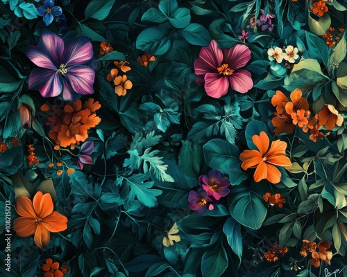 Illustration of a floral pattern featuring vibrant designs and saturated jewel tones