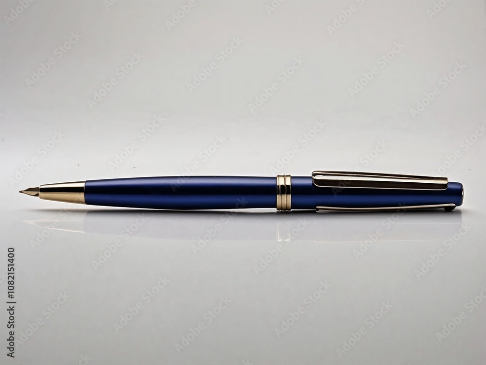 Elegant blue fountain pen with gold accents on a reflective white surface, sophisticated writing instrument Elegant blue fountain pen with gold accents on a reflective white surface, sophisticated writing instrument
