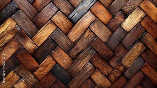 A close-up view of a woven wooden texture in various shades.