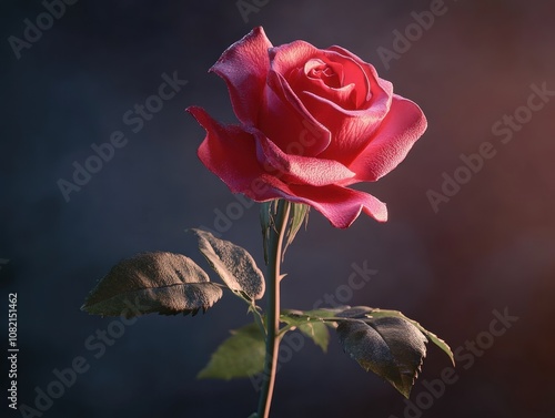 Stunning Close-Up of a Vibrant Red Rose with Lush Green Leaves on a Dark Background, Symbolizing Love, Beauty, and Elegance in Floral Art Photography