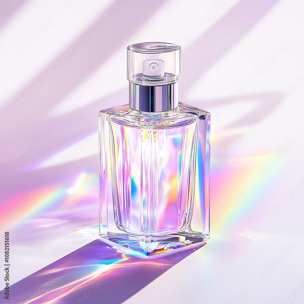 A clear perfume bottle creates vibrant reflections on a smooth white surface under bright light A clear perfume bottle creates vibrant reflections on a smooth white surface under bright light