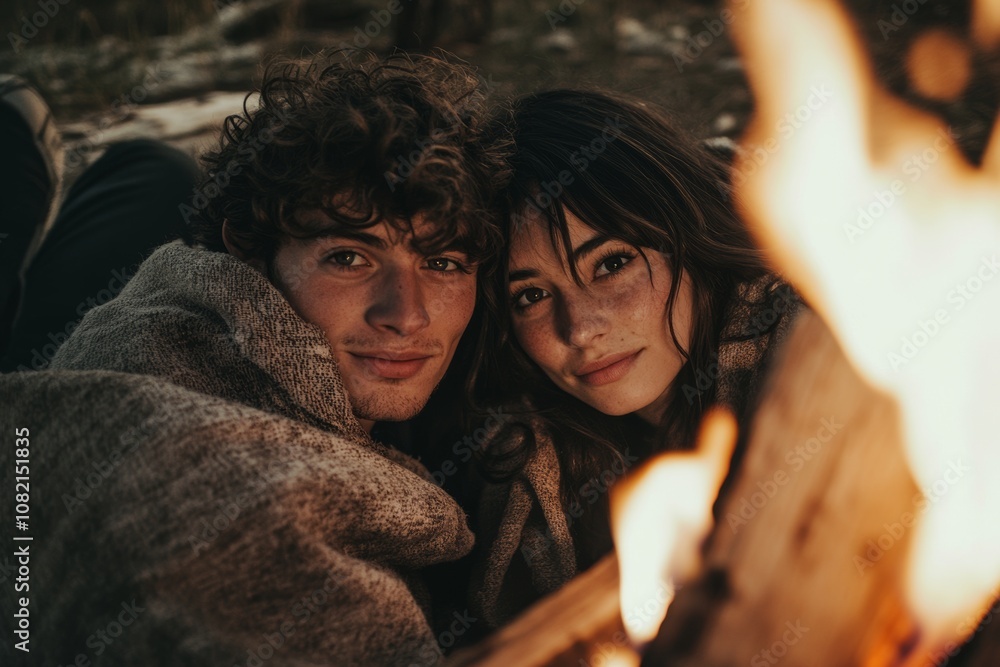 A young couple wrapped in a blanket enjoys a cozy fire under a starlit sky in a serene outdoor setting A young couple wrapped in a blanket enjoys a cozy fire under a starlit sky in a serene outdoor setting