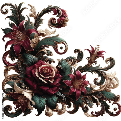 baroque-inspired floral corner with luxurious roses, lilies, and intertwining acanthus leaves, richly detailed with ornate swirls and flourishes vector