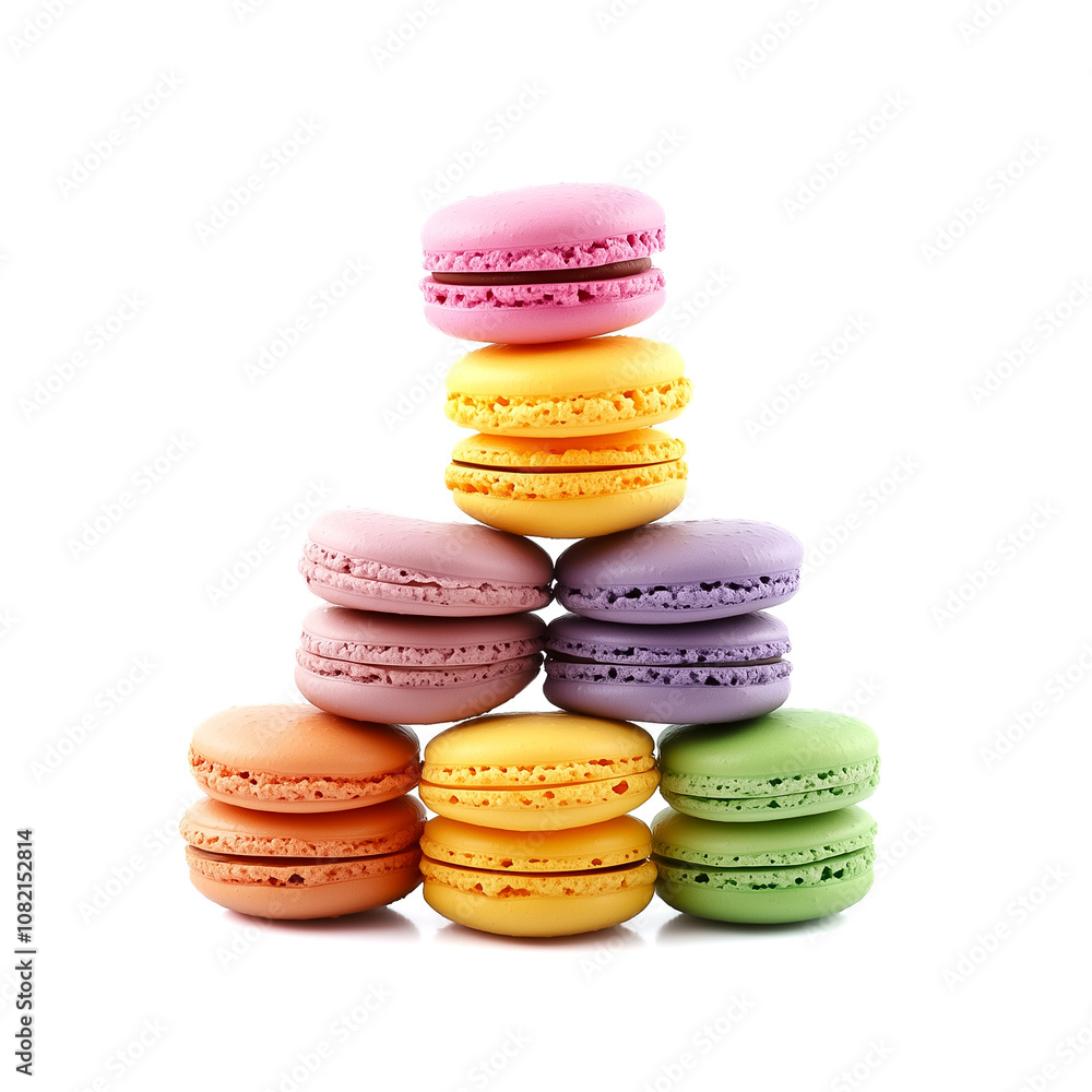 A vibrant display of macarons in various colors arranged in a pyramid, highlighting their appealing shapes and textures A vibrant display of macarons in various colors arranged in a pyramid, highlighting their appealing shapes and textures