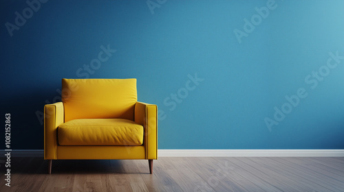 Minimalist interior with yellow armchair and blue wall, blank space for text.  Modern look with vibrant colors
