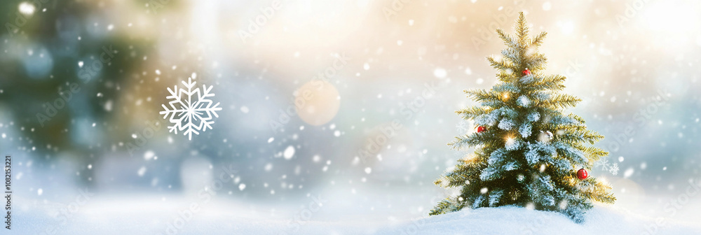Snowfall on a decorated Christmas tree in a winter landscape Snowfall on a decorated Christmas tree in a winter landscape