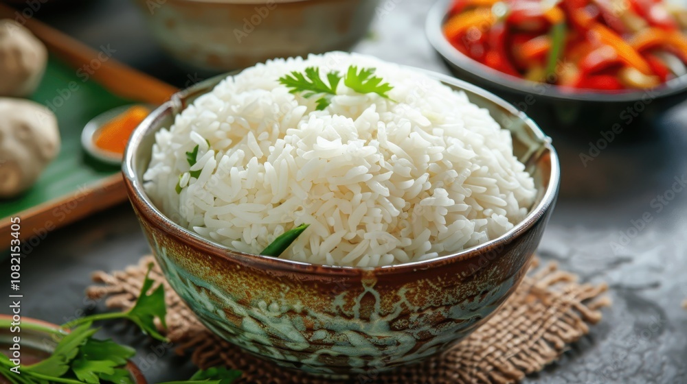 A Close-Up View of Fluffy Steamed White Rice Piled Generously in a Beautiful Bowl Garnished with Fresh Herbs, Perfect for Any Culinary Presentation A Close-Up View of Fluffy Steamed White Rice Piled Generously in a Beautiful Bowl Garnished with Fresh Herbs, Perfect for Any Culinary Presentation