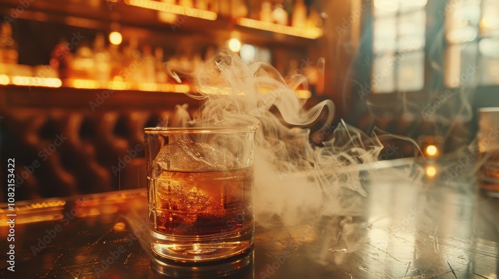 Aesthetic Chilled Glass with Wisps of Smoke Above a Boozy Cocktail in a Dimly Lit Bar Atmosphere, Creating an Inviting and Mysterious Vibe Aesthetic Chilled Glass with Wisps of Smoke Above a Boozy Cocktail in a Dimly Lit Bar Atmosphere, Creating an Inviting and Mysterious Vibe