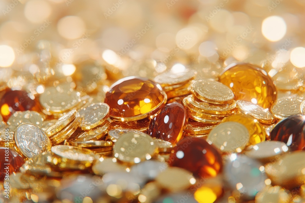 Shimmering golden coins and gems scattered widely creating a dazzling display of light and color Shimmering golden coins and gems scattered widely creating a dazzling display of light and color
