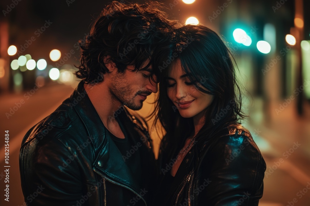 Obraz premium Young couple in leather jackets sharing a secret moment on a city street at night under soft street lights