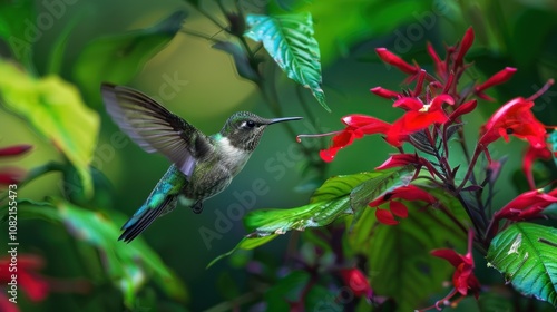 Vibrant Hummingbird in Flight Surrounded by Colorful Tropical Flowers Against a Rich Green Background