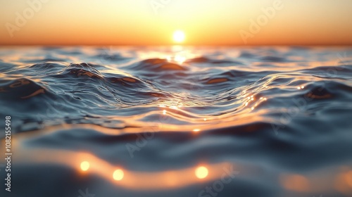 Serene sunset over gentle ocean waves reflecting golden light.