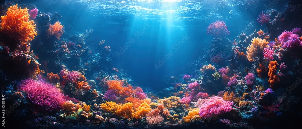 Vibrant coral reef, marine life abundance, deepsea mystery, ethereal lighting Vibrant coral reef, marine life abundance, deepsea mystery, ethereal lighting