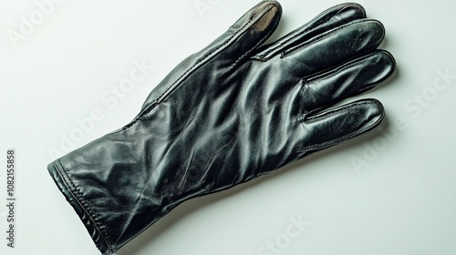 Black leather glove with smooth finish on white background. photo