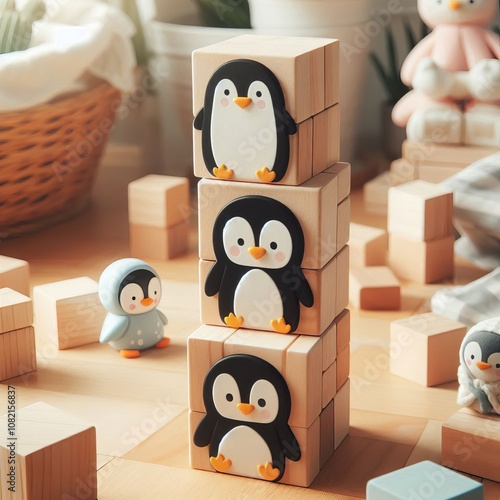 Stacking Penguin Blocks Wooden blocks shaped like penguins that photo