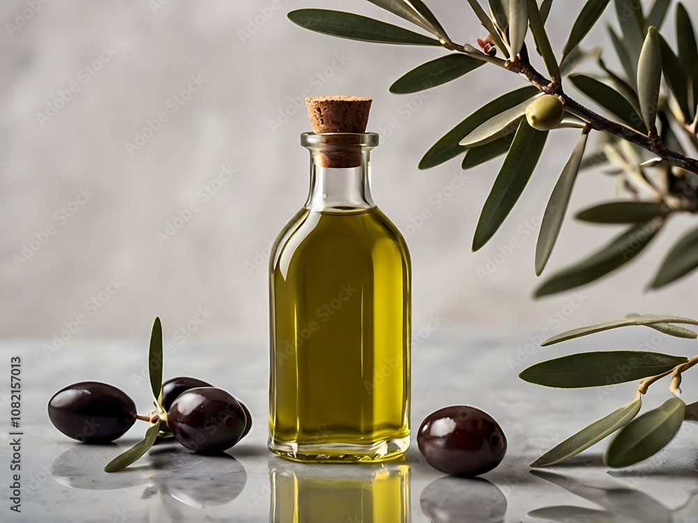 Transparent bottle of olive oil. Ingredient for cooking, cosmetology Transparent bottle of olive oil. Ingredient for cooking, cosmetology