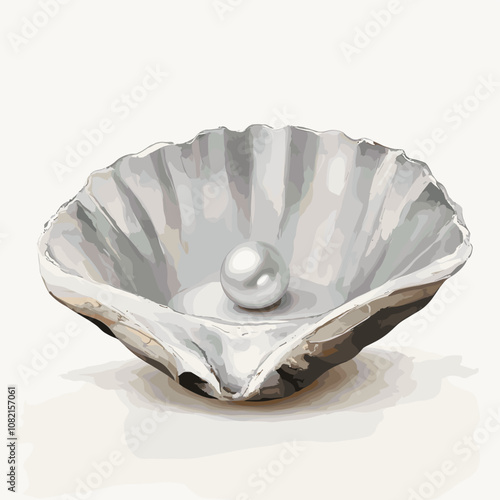 Pearl in seashell. Open seashell scallop oyster and pearl shell icon. Beautiful pearl in clam shell in cartoon flat style. Vector illustration isolated on white background