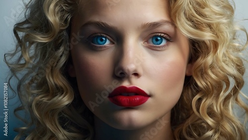 Portrait of a curly blonde with blue eyes and red lips. Face close up