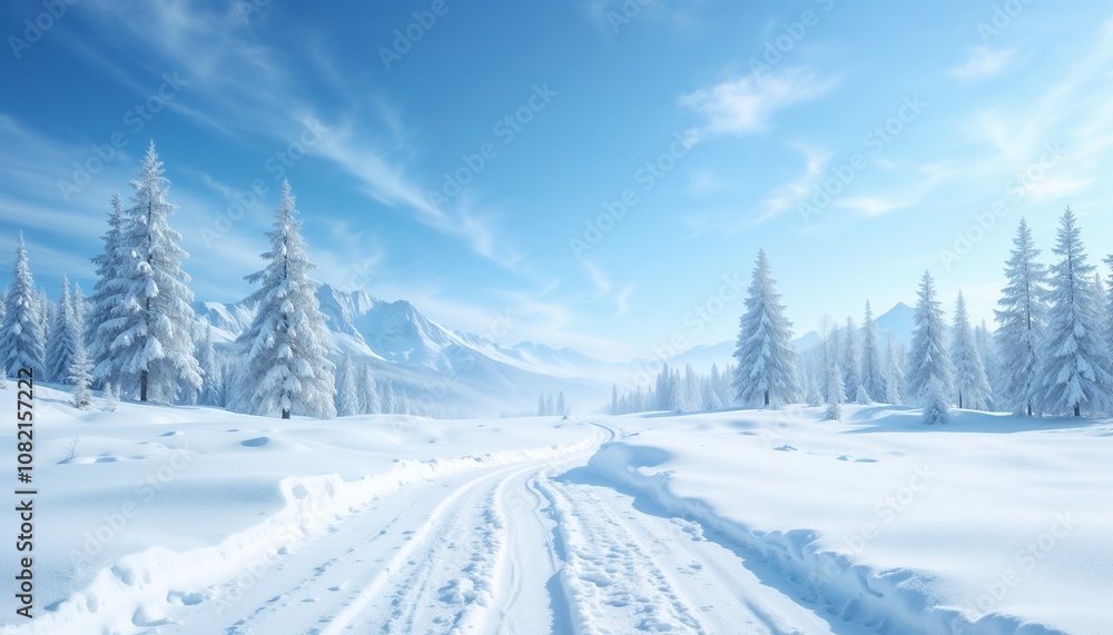 Obraz premium Snow-covered winter landscape with a clear blue sky and pine trees