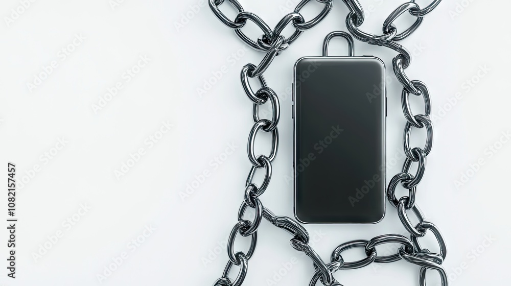 A modern smartphone secured with chains and a padlock, highlighting the balance between personal freedom and digital security today A modern smartphone secured with chains and a padlock, highlighting the balance between personal freedom and digital security today