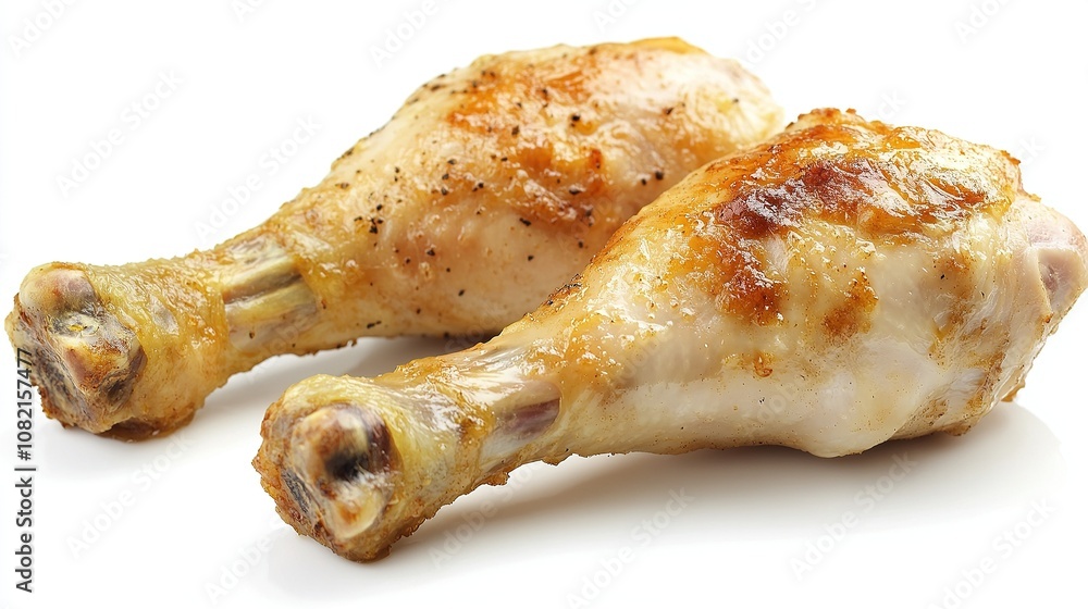 Two roasted chicken drumsticks on white background. Two roasted chicken drumsticks on white background.
