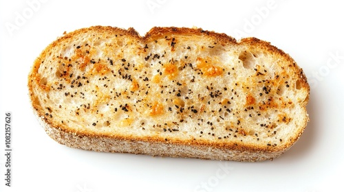 Garlic bread slice with parsley on white background.