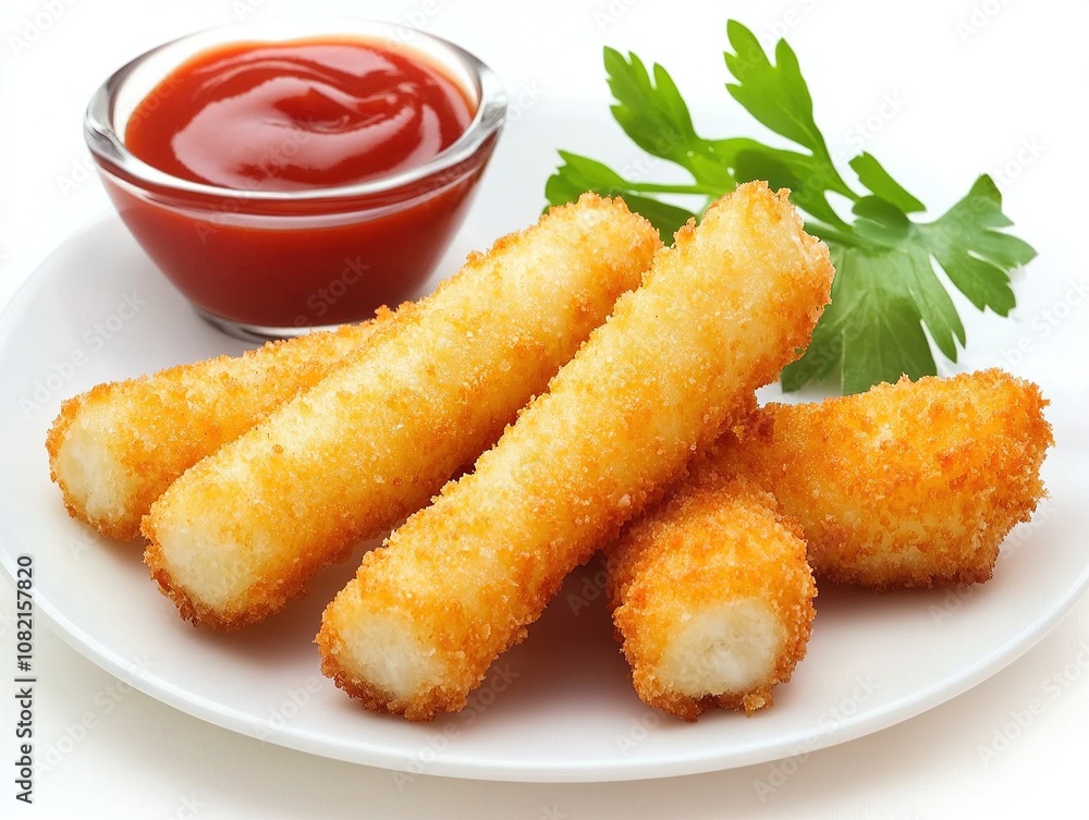 Fried mozzarella sticks with ketchup on plate. Fried mozzarella sticks with ketchup on plate.