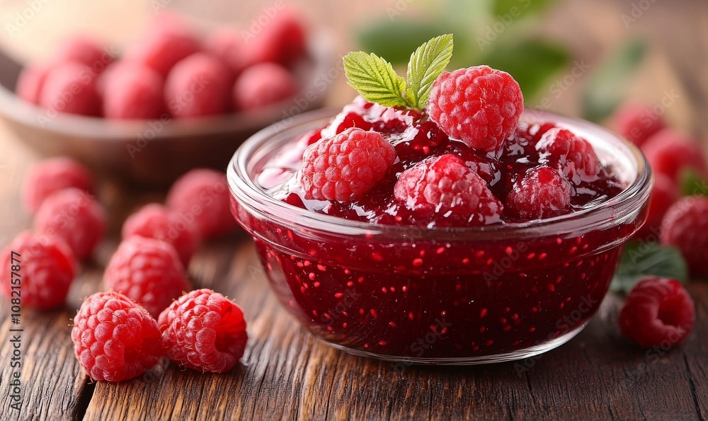 Fresh Raspberry Jam in Glass Bowl with Ripe Berries on Table
Fresh Raspberry Jam in Glass Bowl with Ripe Berries on Table
