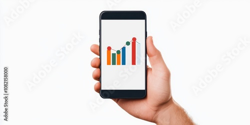 A hand holds a smartphone displaying a vibrant bar graph, symbolizing growth, data analysis, and digital insights.