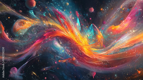Abstract swirling nebula with colorful streaks and stars.